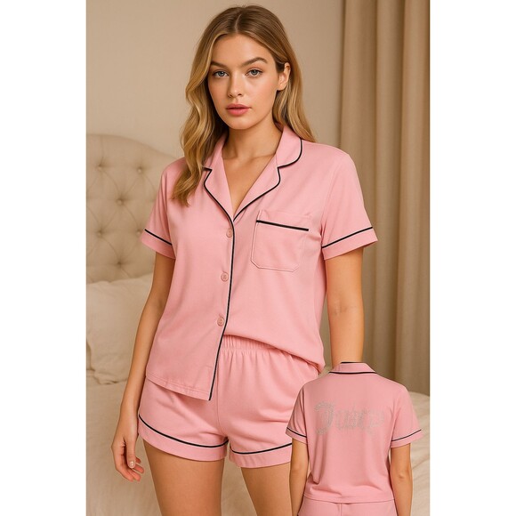 Juicy Couture Pajama Set Womens Medium Pink 2 Piece Sleepwear Studded Logo - Picture 1 of 8